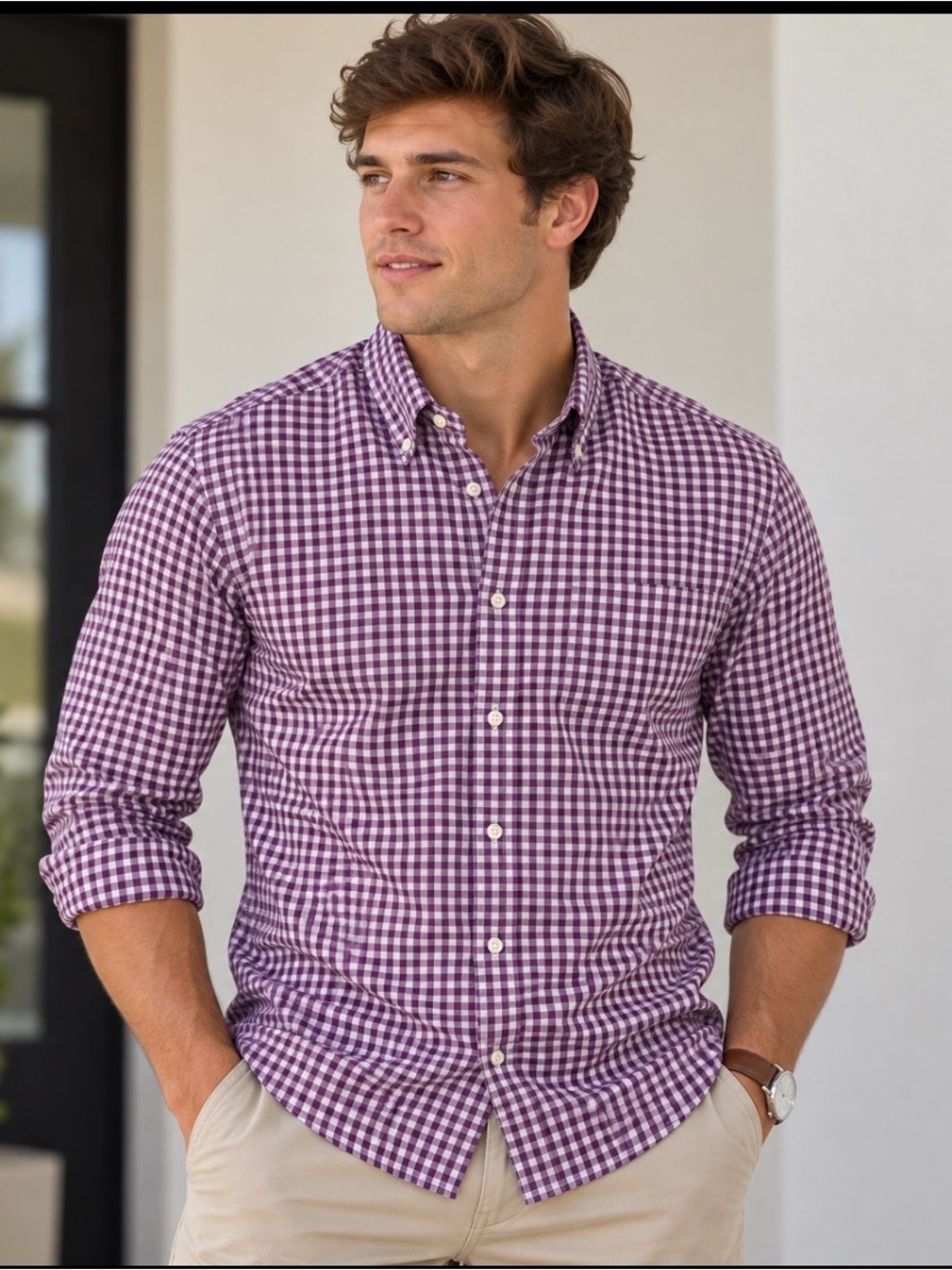 Peter Millar Nanoluxe Large Purple Gingham Button-Down Golf Pride Grips Shirt